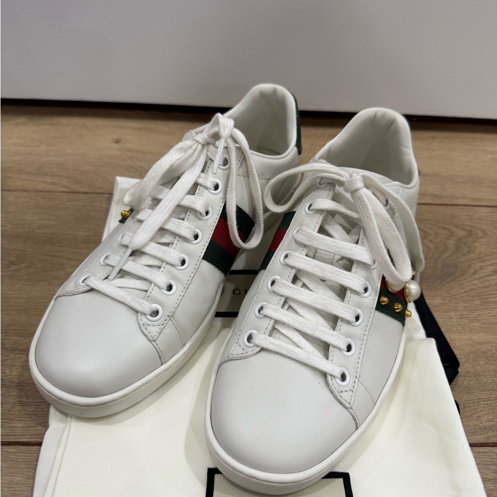 Gucci White Sneakers with Red and Green Accents